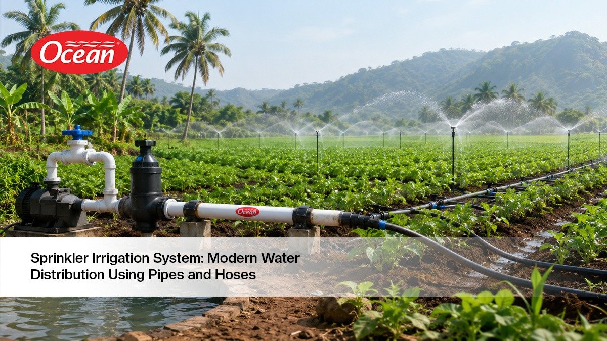 Agricultural irrigation system using pipes and hoses distributing water across fields in South India