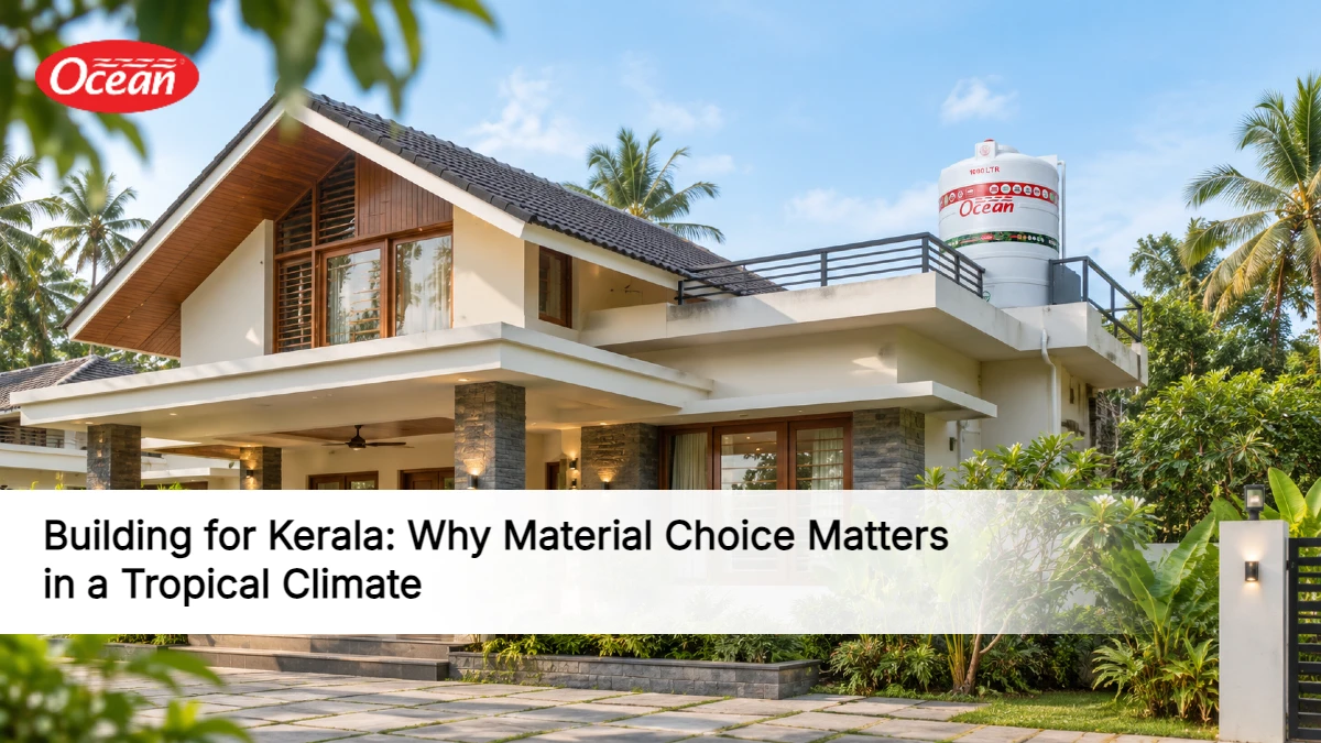 Modern Kerala home surrounded by tropical greenery with durable building materials designed for heat, humidity and monsoon conditions