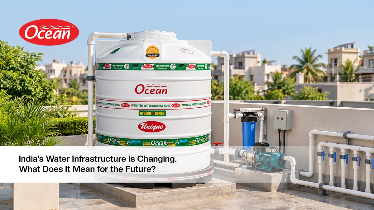 Modern water infrastructure with storage tanks, pipelines and water treatment systems representing India's evolving water management landscape