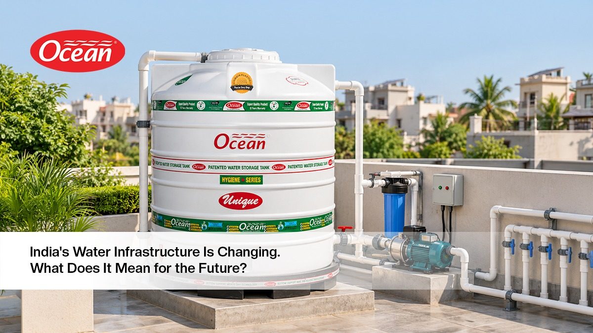 Modern water infrastructure with storage tanks, pipelines and water treatment systems representing India's evolving water management landscape