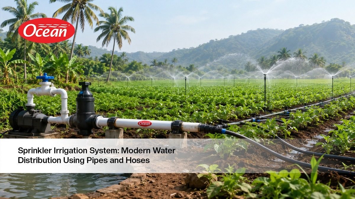 Agricultural irrigation system using pipes and hoses distributing water across fields in South India